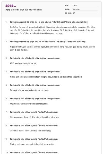 Dạng 5: Các bộ phận của câu có đáp án