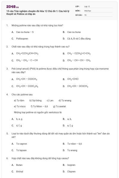 15 câu Trắc nghiệm chuyên đề Hóa 12 Chủ đề 1: Câu hỏi lý thuyết về Polime có đáp án