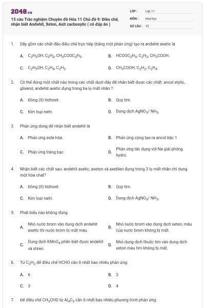 15 câu Trắc nghiệm Chuyên đề Hóa 11 Chủ đề 9: Điều chế, nhận biết Anđehit, Xeton, Axit cacboxylic ( có đáp án )