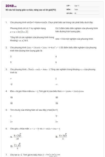 80 câu hỏi lượng giác cơ bản, nâng cao có lời giải(P3)