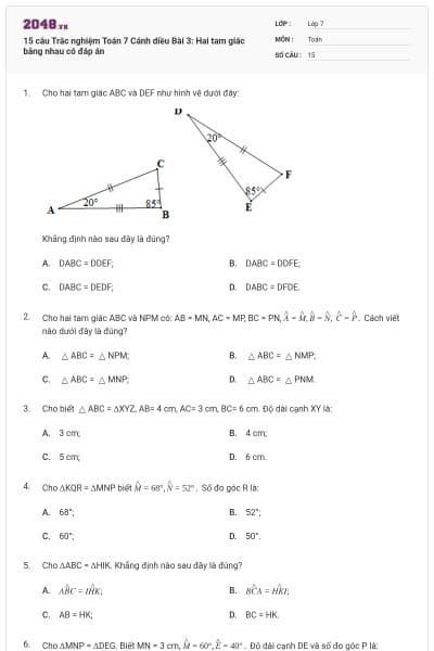 15 câu Trắc nghiệm Toán 7 Cánh diều Bài 3: Hai tam giác bằng nhau có đáp án