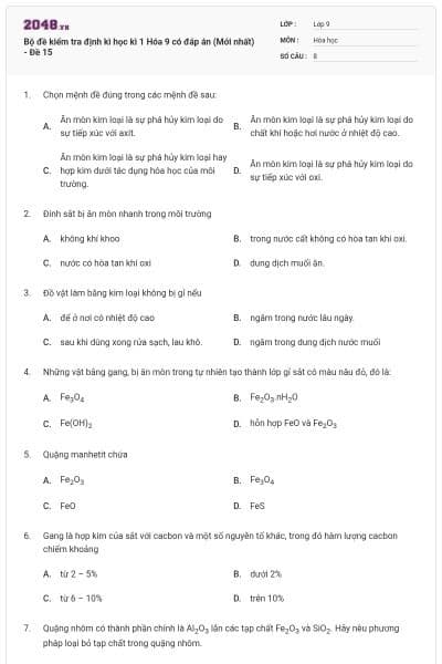 Bộ đề kiểm tra định kì học kì 1 Hóa 9 có đáp án (Mới nhất) - Đề 15