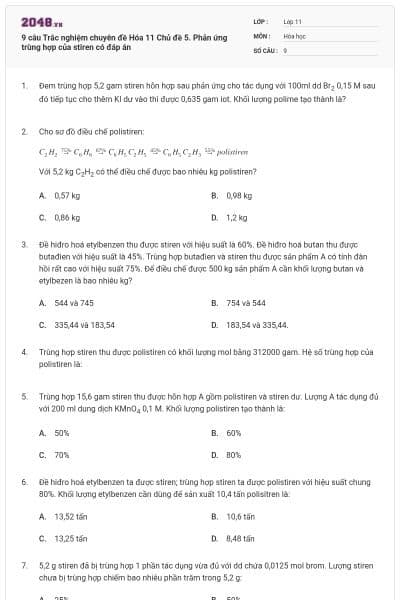 9 câu Trắc nghiệm chuyên đề Hóa 11 Chủ đề 5. Phản ứng trùng hợp của stiren có đáp án
