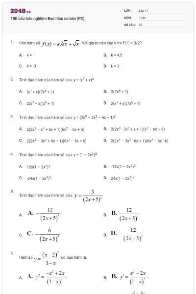 100 câu trắc nghiệm Đạo hàm cơ bản (P2)