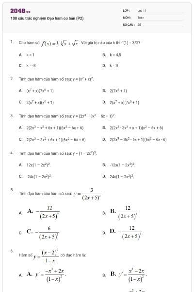 100 câu trắc nghiệm Đạo hàm cơ bản (P2)
