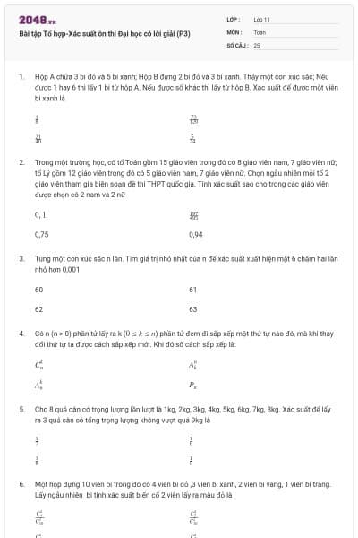 Bài tập Tổ hợp-Xác suất ôn thi Đại học có lời giải (P3)