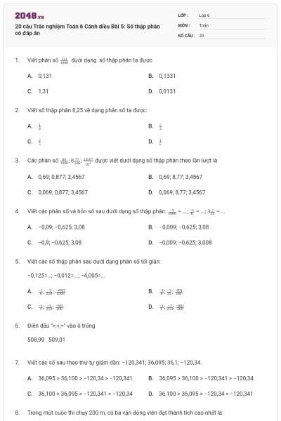20 câu Trắc nghiệm Toán 6 Cánh diều Bài 5: Số thập phân có đáp án