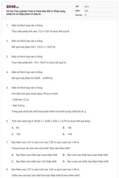 20 câu Trắc nghiệm Toán 6 Cánh diều Bài 6: Phép cộng, phép trừ số thập phân có đáp án