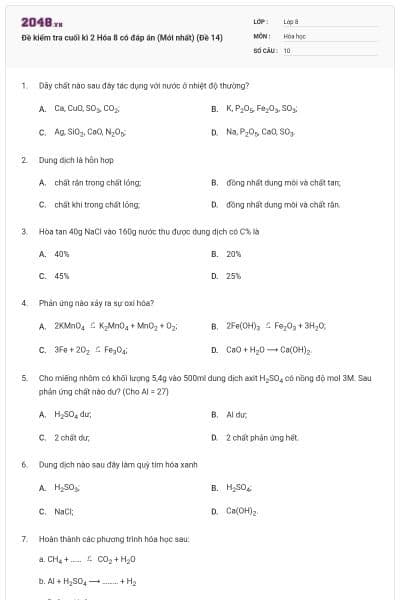 Đề kiểm tra cuối kì 2 Hóa 8 có đáp án (Mới nhất) (Đề 14)