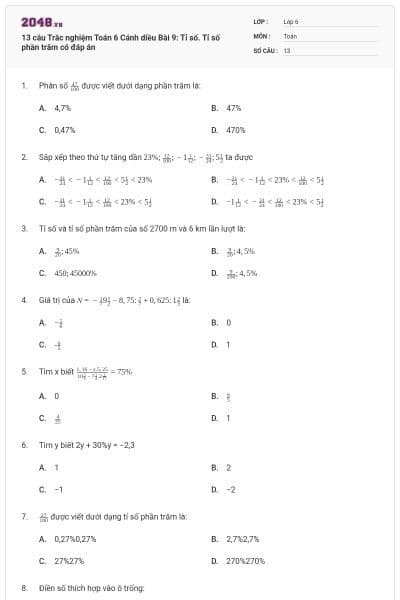 13 câu Trắc nghiệm Toán 6 Cánh diều Bài 9: Tỉ số. Tỉ số phần trăm có đáp án