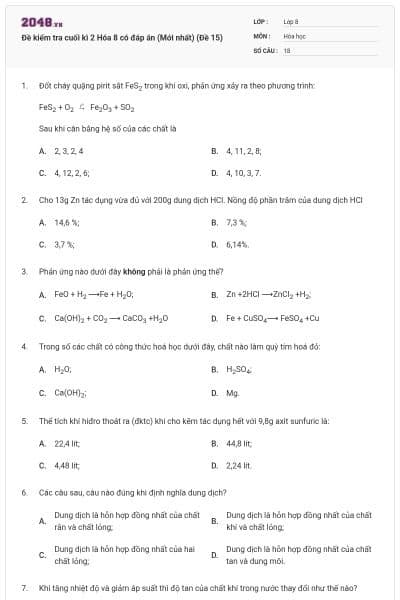 Đề kiểm tra cuối kì 2 Hóa 8 có đáp án (Mới nhất) (Đề 15)