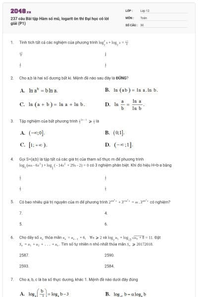 237 câu Bài tập Hàm số mũ, logarit ôn thi Đại học có lời giải (P1)