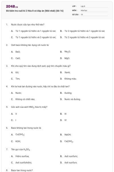 Đề kiểm tra cuối kì 2 Hóa 8 có đáp án (Mới nhất) (Đề 16)