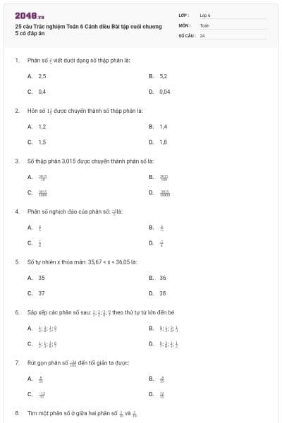 25 câu Trắc nghiệm Toán 6 Cánh diều Bài tập cuối chương 5 có đáp án