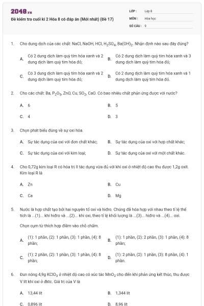 Đề kiểm tra cuối kì 2 Hóa 8 có đáp án (Mới nhất) (Đề 17)