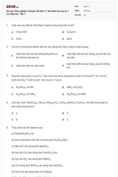 30 câu Trắc nghiệm Chuyên đề Hóa 11 Đề kiểm tra học kì 1 (có đáp án) - Đề 1