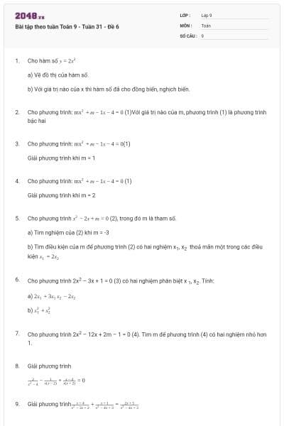 Bài tập theo tuần Toán 9 - Tuần 31 - Đề 6