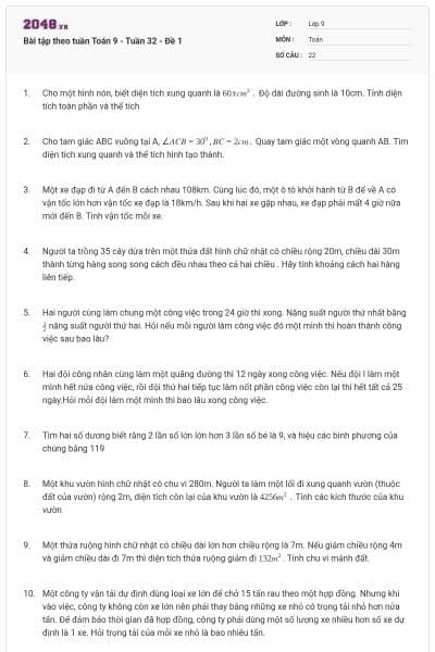 Bài tập theo tuần Toán 9 - Tuần 32 - Đề 1