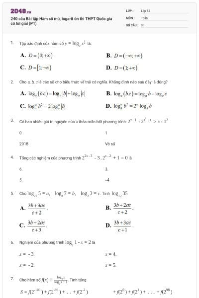 240 câu Bài tập Hàm số mũ, logarit ôn thi THPT Quốc gia có lời giải (P1)