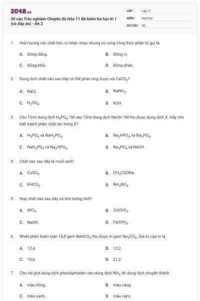 30 câu Trắc nghiệm Chuyên đề Hóa 11 Đề kiểm tra học kì 1 (có đáp án) - Đề 2