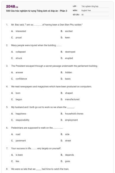 500 Câu trắc nghiệm từ vựng Tiếng Anh có đáp án - Phần 3