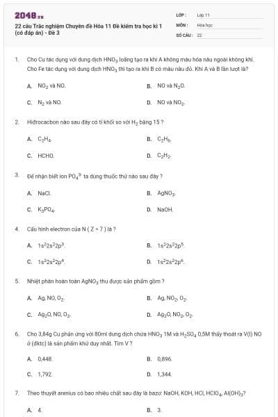 22 câu Trắc nghiệm Chuyên đề Hóa 11 Đề kiểm tra học kì 1 (có đáp án) - Đề 3