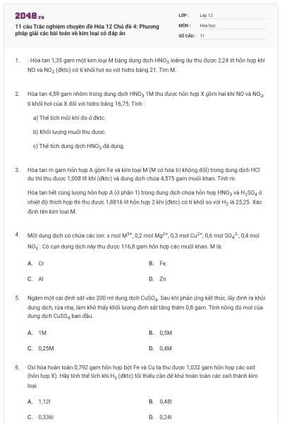 11 câu Trắc nghiệm chuyên đề Hóa 12 Chủ đề 4: Phương pháp giải các bài toán về kim loại có đáp án