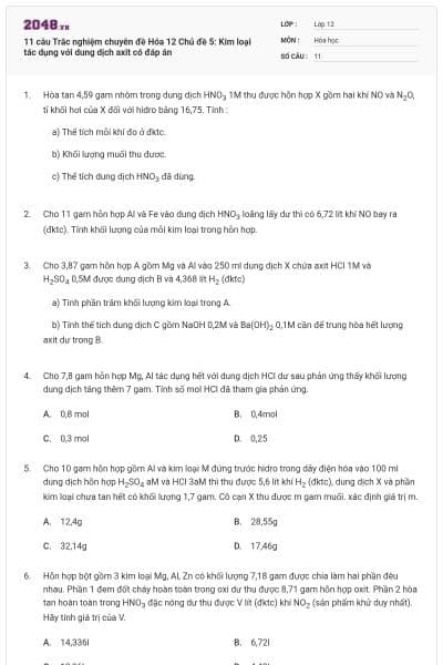 11 câu Trắc nghiệm chuyên đề Hóa 12 Chủ đề 5: Kim loại tác dụng với dung dịch axit có đáp án