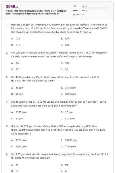 40 câu Trắc nghiệm chuyên đề Hóa 12 Chủ đề 7: Ôn tập và kiếm tra chuyên đề đại cương về kim loại có đáp án