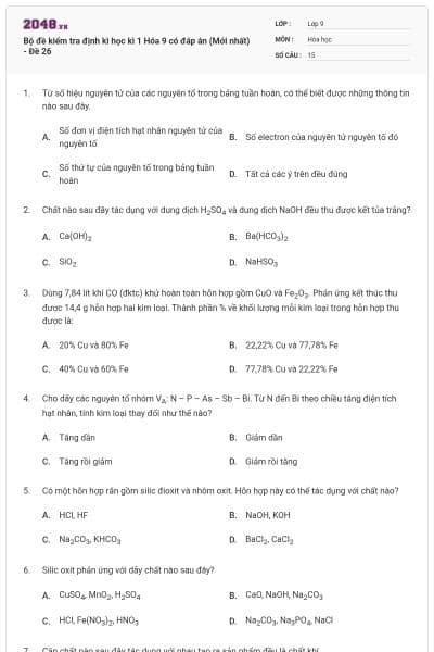 Bộ đề kiểm tra định kì học kì 1 Hóa 9 có đáp án (Mới nhất) - Đề 26