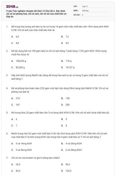 9 câu Trắc nghiệm chuyên đề Hoá 12 Chủ đề 6. Xác định chỉ số xà phòng hoá, chỉ số axit, chỉ số iot của chất béo có đáp án