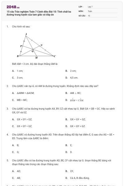 15 câu Trắc nghiệm Toán 7 Cánh diều Bài 10: Tính chất ba đường trung tuyến của tam giác có đáp án
