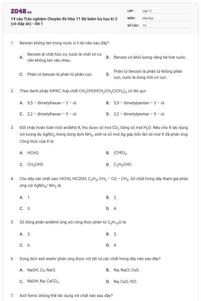 14 câu Trắc nghiệm Chuyên đề Hóa 11 Đề kiểm tra học kì 2 (có đáp án) - Đề 1