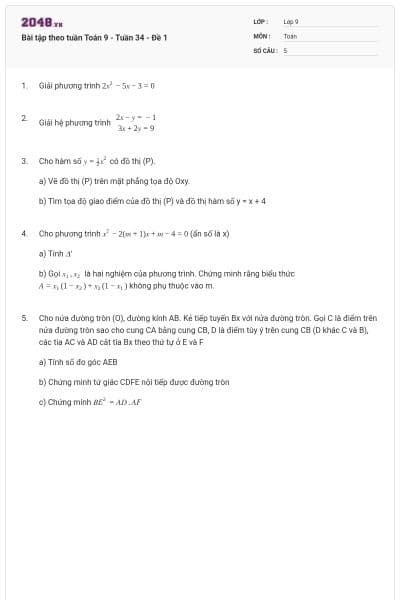Bài tập theo tuần Toán 9 - Tuần 34 - Đề 1