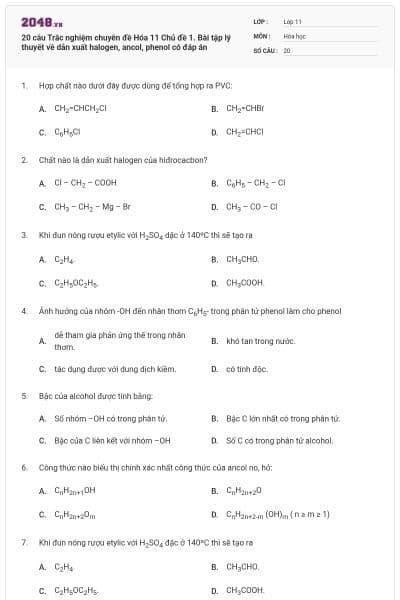 20 câu Trắc nghiệm chuyên đề Hóa 11 Chủ đề 1. Bài tập lý thuyết về dẫn xuất halogen, ancol, phenol có đáp án