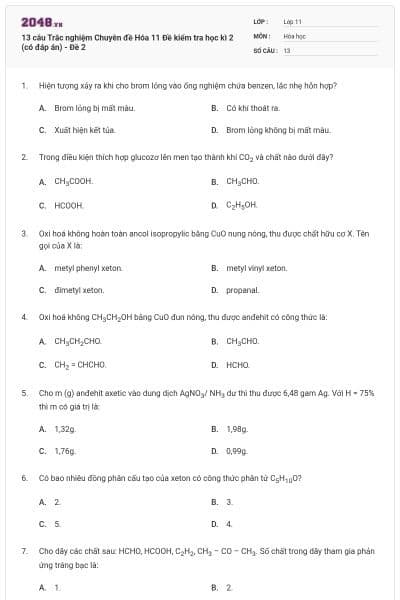 13 câu Trắc nghiệm Chuyên đề Hóa 11 Đề kiểm tra học kì 2 (có đáp án) - Đề 2