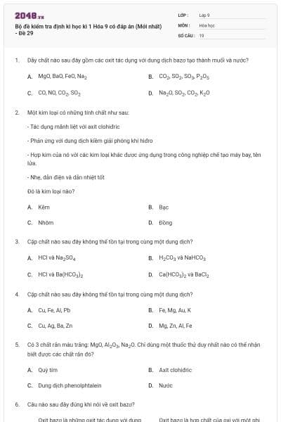 Bộ đề kiểm tra định kì học kì 1 Hóa 9 có đáp án (Mới nhất) - Đề 29