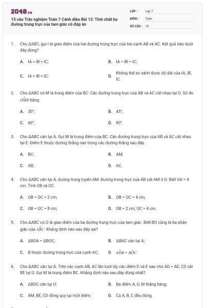 15 câu Trắc nghiệm Toán 7 Cánh diều Bài 12: Tính chất ba đường trung trực của tam giác có đáp án