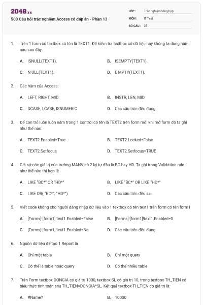 500 Câu hỏi trắc nghiệm Access có đáp án - Phần 13
