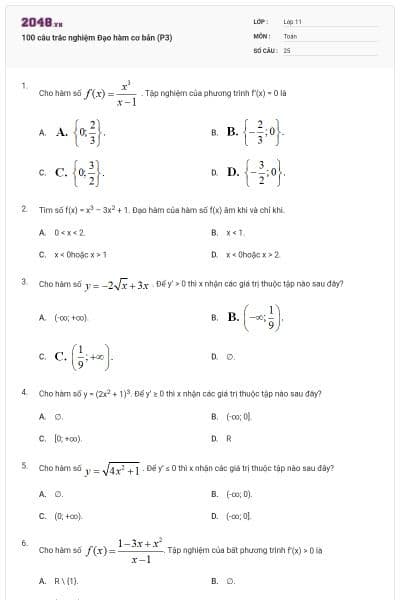 100 câu trắc nghiệm Đạo hàm cơ bản (P3)