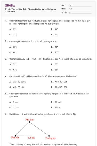 31 câu Trắc nghiệm Toán 7 Cánh diều Bài tập cuối chương 7 có đáp án