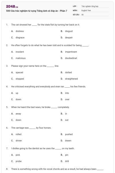 500 Câu trắc nghiệm từ vựng Tiếng Anh có đáp án - Phần 7