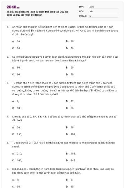 15 câu Trắc nghiệm Toán 10 chân trời sáng tạo Quy tắc cộng và quy tắc nhân có đáp án