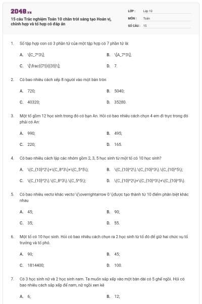 15 câu Trắc nghiệm Toán 10 chân trời sáng tạo Hoán vị, chỉnh hợp và tổ hợp có đáp án