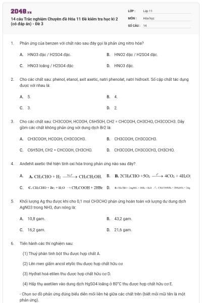 14 câu Trắc nghiệm Chuyên đề Hóa 11 Đề kiểm tra học kì 2 (có đáp án) - Đề 3