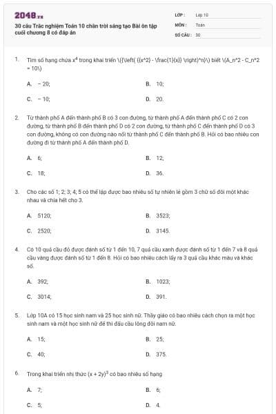 30 câu Trắc nghiệm Toán 10 chân trời sáng tạo Bài ôn tập cuối chương 8 có đáp án
