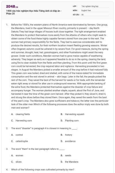 1400 câu trắc nghiệm Đọc hiểu Tiếng Anh có đáp án - Phần 20