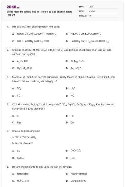 Bộ đề kiểm tra định kì học kì 1 Hóa 9 có đáp án (Mới nhất) - Đề 30