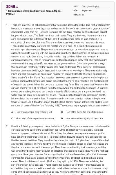 1400 câu trắc nghiệm Đọc hiểu Tiếng Anh có đáp án - Phần 21
