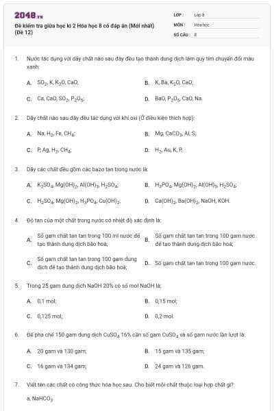 Đề kiểm tra giữa học kì 2 Hóa học 8 có đáp án (Mới nhất) (Đề 12)